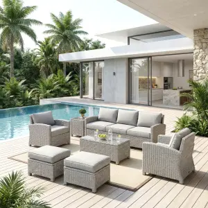 Outdoor Sofa Set Patio Furniture Sets Wicker Rattan Garden Sofa Set with Cushion and Center Table (7 Seater, Grey with Grey Cushions)