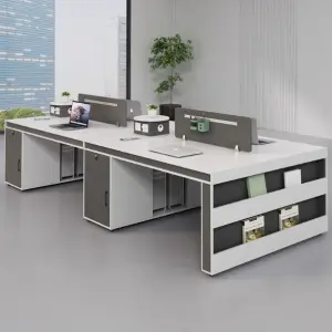 Modern Grey and Wood Collaborative Office Desk Ergonomic Multi-Person Workstation with Integrated Storage and Privacy Panels