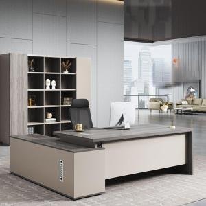 Director & Boss L-Shape Office Table Luxury Executive Desk Made in Particle Board with Wire Manager 3 Drawers Lockable and Storage for a Modern Workspace - Beige Grey