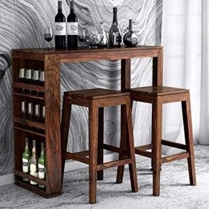 Solid Sheesham Wood Long 2 Seater Bar Table Sets | Wooden Two Seater Bar Dining Table & Chairs Set | Bar Table Unit with 2 High Stool | Bar Unit with 3 Open Shelf Storage | Brown
