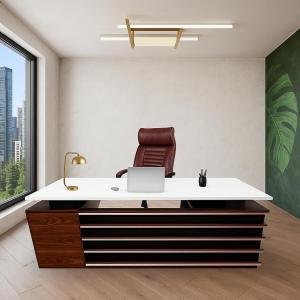 Director Table for Offce Desk Unique Design L- Shape Wooden & Computer Table Made in Particle Board 3 Drawers and Openable Shutter,Storage CPU Space Brown