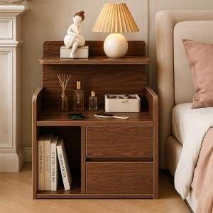 Wooden Bedside Table with 2 Drawers and Open Shelves, Walnut