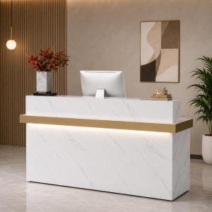 Luxury White Front Desk Counter with Gold Accent Lighting for Office Lobby, Salon, and Hotel, Shopping Mall, Shop, Modern Marble Commercial Reception Areas