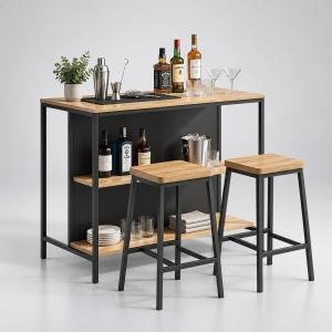Bar Table Kitchen Island with Storage Shelves for Spice Liquor Wine, Industrial Bar Counter with Heavy Duty Metal Legs for Living Room Party Room, Rustic Brown Black