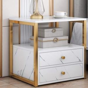 Faux Marble Table Nightstand, Modern Bedside Cabinets, Top and Gold Metal Frame, Bed Sides Table with Two Drawers, for Bedroom Living Room