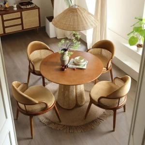 Modern Round Wooden Dining Table with Brown Finish and Brass-Tone Legs, Elegant Center Table for Dining Room, Kitchen, Apartment and Hotel, Table Only (Chairs Not Included)