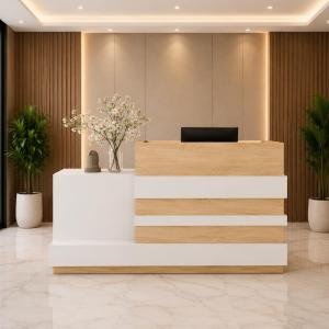 Modern Reception Desk for Office, Clinic, Salon, Hotel, Showroom, Studio & Corporate Lobby | Particle Board Reception Counter Table with Storage Design