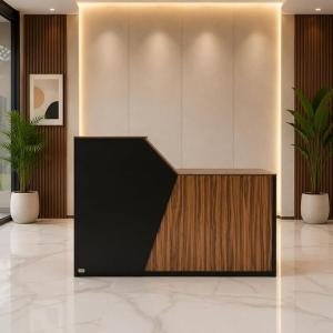 Modern Reception Desk for Office, Hotel, Salon, Clinic, Spa & Commercial Lobby | Black and Walnut Wooden Reception Counter Table for Front Office Area