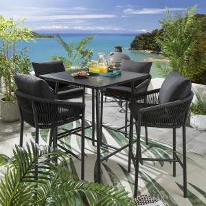 Modern Stylish Iron Rope Cushion Seater High Bar Set Chair and Table for Outdoor Garden Balcony (4 Seater, Black)