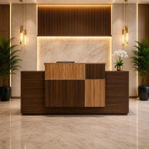 Reception Desk for Office, Hotel, Clinic, Salon, Spa, Studio Commercial Lobby | Luxury Particle Board Reception Counter Table with Wooden Finish Front Design
