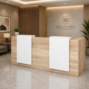Modern Reception Desk for Office, Hotel, Salon, Clinic, Spa Lobby | Wooden Front Reception Counter Table with White Panels for Workspace & Welcome Area