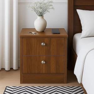Engineered Wood Bedside Table with 2 Drawers | Columbian Walnut Finish