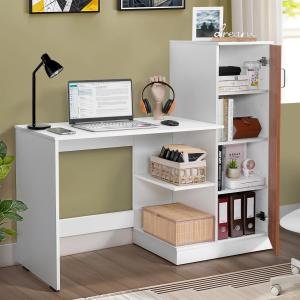 Study Table with Cabinet-Computer Table with Bottom Storage Space DIY Engineered Wood Office Desk with Adjustable Shelves for PC Laptop Gaming (White, Oak Red -L 124 x B 44 x H 121.5cm)