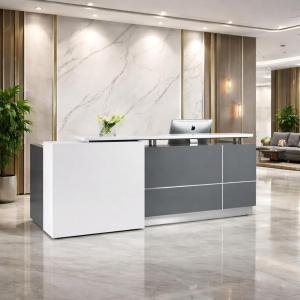 Modern Reception Desk for Office, Salon & Clinic | Front Reception Counter Table with Storage | White & Grey Particle Board Reception Desk