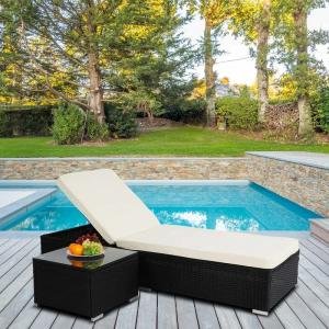 Outdoor Swimming Poolside Lounger With 1 Side Table (Black + White)