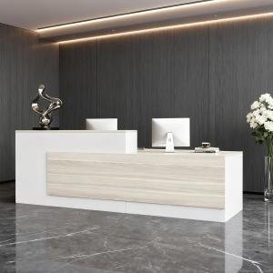 Modern L-Shaped Reception Desk with Hutch, Reception Counter Table, Lockable Drawer Door Cabinet, Office Wooden Computer Front Desk