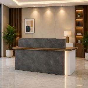 Modern Reception Desk for Office, Hotel, Salon, Clinic, Spa & Commercial Lobby | Luxury Stone Finish Front Reception Counter Table with Workspace Area
