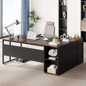 WS 71 inch Executive Desk, L Shaped Desk with Cabinet Storage, Executive Office Desk with Shelves, Business Furniture Desk Workstation for Home Office, Brown and Black