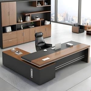 Director & Executive L-Shape Office Table Luxury Desk Made in Particle Board with Side Unit, 3 Drawer Wire Manager & Cup Space - Brown