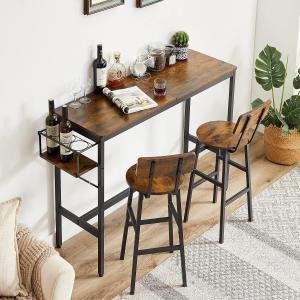3-Piece Bar Table and Chairs Set, High Top Pub Table with Folding Wine Rack & 2 Wooden Stools, Counter Height Bistro Set for Kitchen Dining Room Restaurant, Rustic Brown