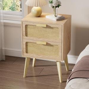 Rattan Nightstand, Wood End Table, Side Table with 2 Hand Made Rattan Decorated Drawers,Boho Bedsidetable,Wood Accent Table with Storage for Livingroom, Bedroom