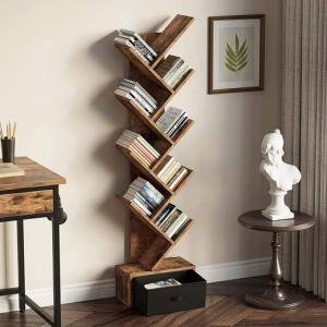 Brown 8 Shelf Tree Design Bookshelf with a Drawer Made in Pre-Laminated Particle Board