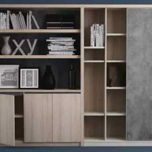 Modern Industrial Bookshelf & Storage Cabinet with Grey Concrete Texture Sliding Door, Open Display Shelves, and Light Oak Wood Grain Finish in Premium MDF