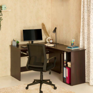 L-Shape Computer Table for Home PC, Keyboard Tray, 2 Storage Shelves, IS-3087 Engineered Wood, Expansive Tabletop, Wenge