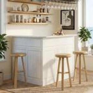 White L-Shaped Corner Home Bar Table, 4-Tier Liquor Cabinet with Stemware Racks