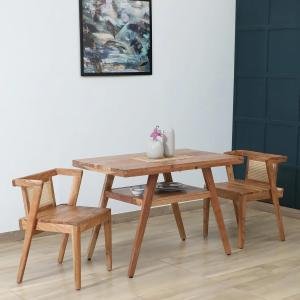 2 Seater Dining Table Set with Chairs | Solid Acacia Wood Rattan Sets for  Cafe | Natural Finish