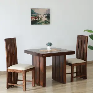Solid Sheesham Wood Dining Room Sets 2 Seater Poster Dining Table with 2 Cushions Chairs