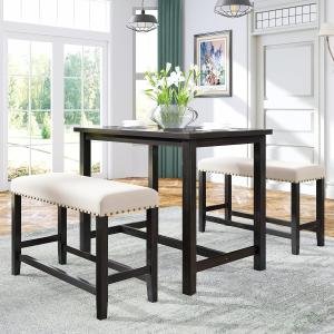 Wooden Dining Set, Height Dining Table Set with 2 Upholstered Bench for Kitchen Dining Room