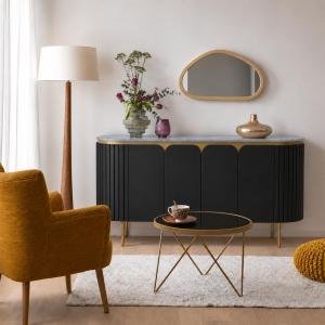 Large Sideboard, Multipurpose Cabinet for Kitchen and Living Room Storage, Solid Mango Wood, Black Matte Finish