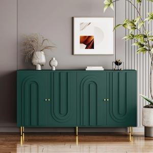 Sideboard Buffet Accent Cabinet, Green Entryway Table with Storage Wood Home Bar, 4 Doors & Adjustable Shelves