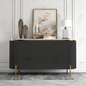 Modern Console Table, 55 x 15 x 30 inch, White Ribbed Design, Marble Top, Gold Accents, 4-Door Storage Cabinet, Waterproof Plywood