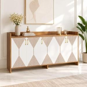 Modern 5-Door Sideboard Buffet – Geometric Diamond Pattern Credenza with Gold Hardware & Tapered Legs – Large Wood Storage Cabinet