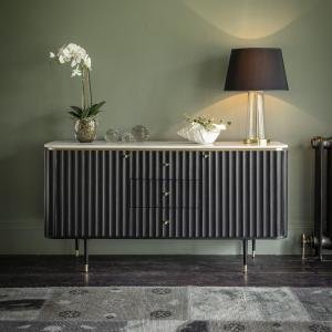 Sheesham Wood Sideboard with Marble Top | Fluted Door Cabinet with Storage Drawers | Modern Wooden Console