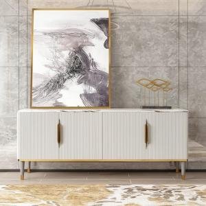 Console Table, White Marble Top, Charcoal Louvers, Gold Accents, 66 x 15 x 22 Inch, Modern Entryway Storage Cabinet, Waterproof Plywood, PVD-Coated Legs