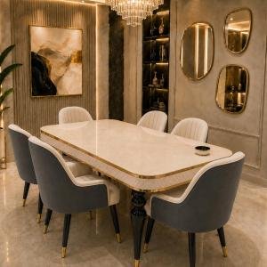 Dining Table Set with Nano Composite Marble Top & Solid Wood Base | Modern Dining Table with Upholstered Chairs for Home, Dining & Living Room Furniture (Grey&Cream, 6 Seater)
