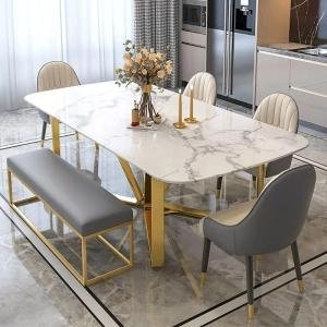 Marby Modern Rectangle 63" Faux Marble Dining Table Gold Base Stainless Steel