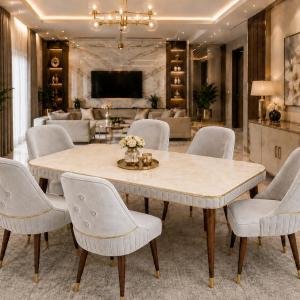 6-Seater Wooden Dining Table Set | Nano Composite Marble Top | Solid Wood Base | Modern Dining Room Furniture with 6 Chairs(Grand Aura Light Grey)