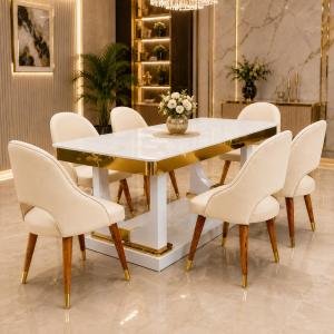 6 Seater Dining Table Composite Marble Top and PVC Golden and White Wooden Base with Upholstered Chairs, Modern Dining Room Furniture for Home (Cream, Royal Dining Set)