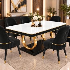 Black 6 Seater Dining Table Set with 6 Cushioned Chairs, Premium Nano Composite Marble-Look Top & Solid Wooden Base, Modern Luxury Dining Furniture for Home & Dining Room