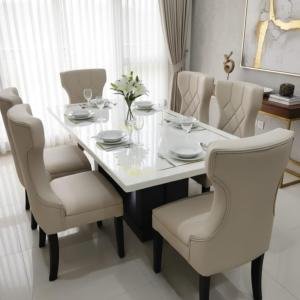 Modern V-Shaped Dining Table with Marble & Modern Curved 6 Chairs Back Design with purni. (Golden)