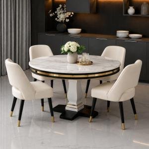 Wooden Round Dining Table Set of 4 | Luxury Marble-Effect Sunmica Top | Modern 4 Seater Dining Table with Velvet Upholstered Chairs | Sheesham Wood Legs | Dining Set