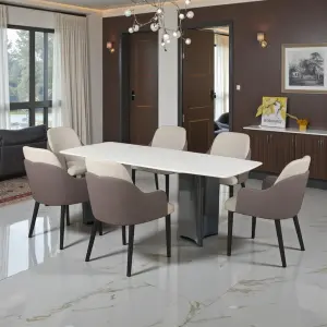 6 Chair Dining Set, Light Brown & Cream, Titanium, Metal 6 Seater Dining Set (Finish Color -Light Brown & Cream, Titanium & Cream