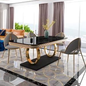 Stainless Steel, Marble Interiors Vernal Modern Rectangular Dining Table with Gold Legs, Dual-Circle Base