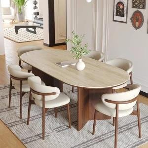 Modern Round Solid Wood Dining Table, 60 cm x 30 cm, Sturdy V-Shape Base Oval