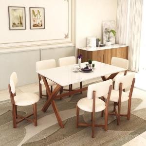 Sheesham Wood 57" Dining Table 6 Seater | Marble Finish Six Seater Dinning Table Set with 6 Upholstered Dining Chairs | Table Top: Premium HDMR Wood |