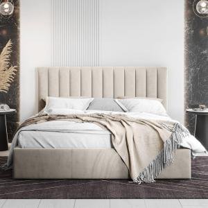 Velvet Upholstered King Size Bed with Hydraulic Storage, Home / HOTEL Furniture (Light Cream)